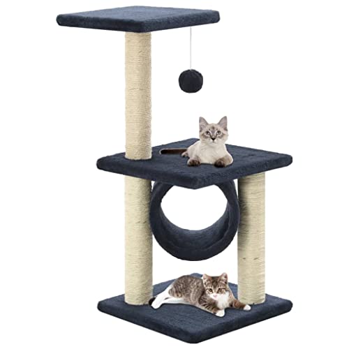 Homvdxl Kleiner Katzenbaum, 3 Etagen Kätzchen Katzenturm für Indoor Cat Condo Sisal Kratzbäume mit Sprungplattform & Spielzeug, 65cm Cat Activity Center Spielhaus - Dunkelblau von Homvdxl