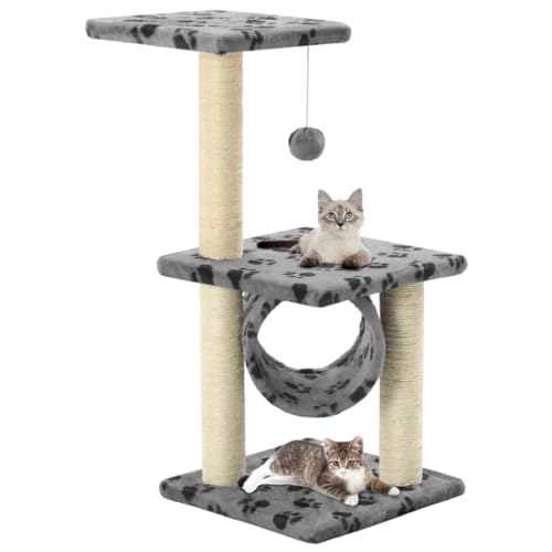 Homvdxl Kleiner Katzenbaum, 3 Etagen Kätzchen Katzenturm für Indoor Cat Condo Sisal Kratzbäume mit Sprungplattform & Spielzeug, 65cm Cat Activity Center Spielhaus - Grau + Pfotenabdruck von Homvdxl