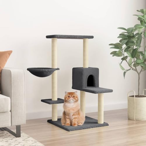 Homvdxl Kleiner Kratzbaum Turm für Indoor-Katzen, 95 cm mehrstufiger Katzenkratzer mit Sprungplattform für Kätzchen & ausgewachsene Katzen, Katzenturm mit Katzenhaus & Korb - Dunkelgrau von Homvdxl