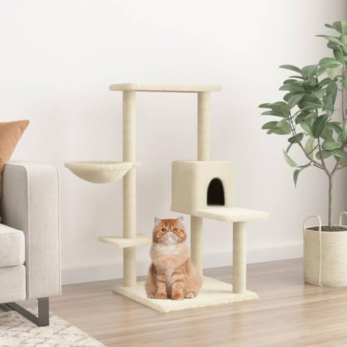 Homvdxl Kleiner Kratzbaum Turm für Indoor-Katzen, 95 cm mehrstufiger Katzenkratzer mit Sprungplattform für Kätzchen & erwachsene Katzen, Katzenturm mit Katzenhütte & Korb - Creme von Homvdxl