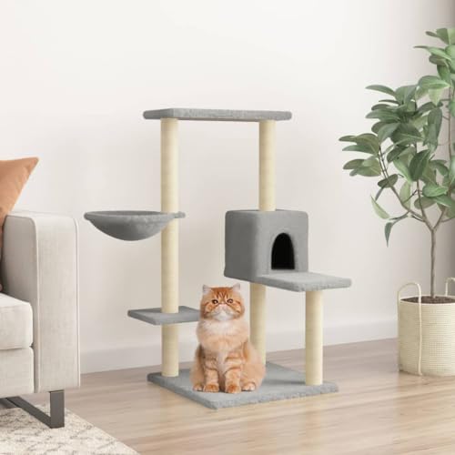 Homvdxl Kleiner Kratzbaum Turm für Indoor-Katzen, 95 cm mehrstufiger Katzenkratzer mit Sprungplattform für Kätzchen & erwachsene Katzen, Katzenturm mit Katzenhütte & Korb - Hellgrau von Homvdxl