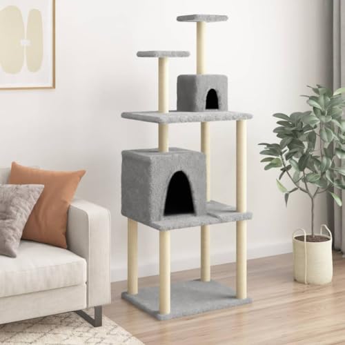 Homvdxl Kratzbaum Turm für Indoor Katzen, Natursisal Katzenkratzer mit Sitzstange Plattform für Kätzchen & Erwachsene Katzen, Kleiner Katzenturm mit 2 Katzenhütten, Katzenaktivitätsbaum - Hellgrau von Homvdxl