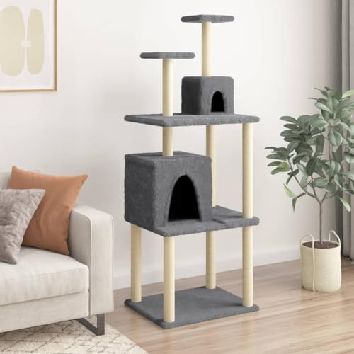 Homvdxl Kratzbaum Turm für Indoor Katzen, Natursisal Katzenkratzer mit Sitzstange Plattform für Kätzchen & Erwachsene Katzen, Kleiner Katzenturm mit 2 Katzenhütten, Katzenaktivitätsbaum - Dunkelgrau von Homvdxl