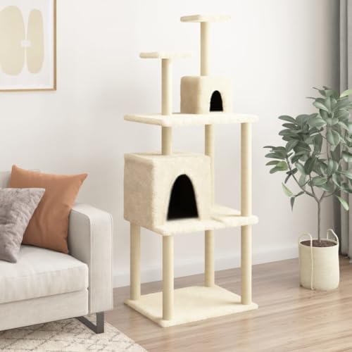 Homvdxl Kratzbaum Turm für Indoor Katzen, Natursisal Katzenkratzer mit Sitzstange Plattform für Kätzchen & erwachsene Katzen, Kleiner Katzenturm mit 2 Katzenhütten, Katzenaktivitätsbaum - Creme von Homvdxl