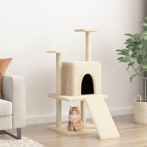 Homvdxl Kratzbaum Turm für Indoor-Katzen mit privater gemütlicher Katzenhütte, kleines Katzenhaus mit Sisal-Kratzbäumen und Spielplattform für kleine Katzen - Creme von Homvdxl