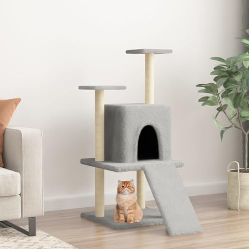 Homvdxl Kratzbaum Turm für Indoor-Katzen mit privater gemütlicher Katzenhütte, kleines Katzenhaus mit Sisal-Kratzbäumen und Spielplattform für kleine Katzen - Hellgrau von Homvdxl