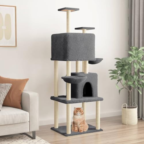 Homvdxl Kratzbaum Turm mit Katzenkratzbaum für Indoor Katzen, Cat Activity Center Kletterbaum Katzenmöbel mit Sitzstange Plattform & Korb für Kätzchen, Katzen und Haustiere - Dunkelgrau von Homvdxl