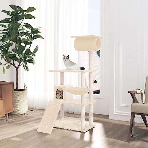 Homvdxl Kratzbaum mit 4 Ebenen, 131 cm, kleiner Katzenturm für Indoor-Katzen mit Sisalseil Kratzstämmen, Spielrampe, Katzenkorb & Sprungplattform, Creme von Homvdxl