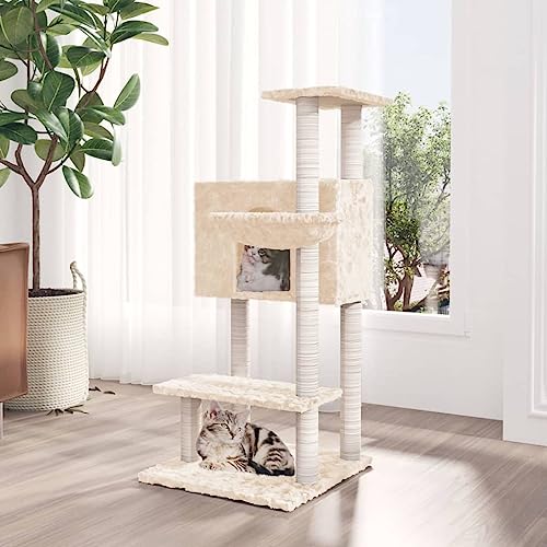 Homvdxl Niedlicher Katzenbaum, 108 cm Katzenturm für Indoor-Katzen, Katzenhütte mit Sisalüberzogenen Kratzstämmen, Körben und mehrstufigen Plattformen für Katzen, Creme von Homvdxl