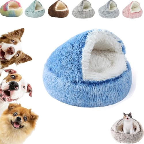 Kuschelhöhle Hund, überdachtes Katzenbett, Flauschiges, beruhigendes Innenbett für Katzen und Hunde (Blau, 40 cm/15,74 Zoll) von Hondeka