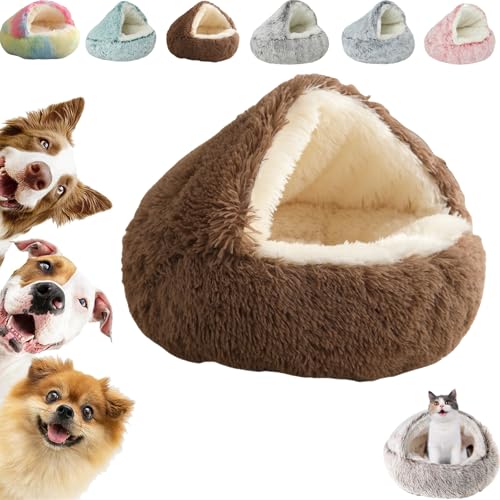 Kuschelhöhle Hund, überdachtes Katzenbett, Flauschiges, beruhigendes Innenbett für Katzen und Hunde (Braun, 40 cm/15,74 Zoll) von Hondeka