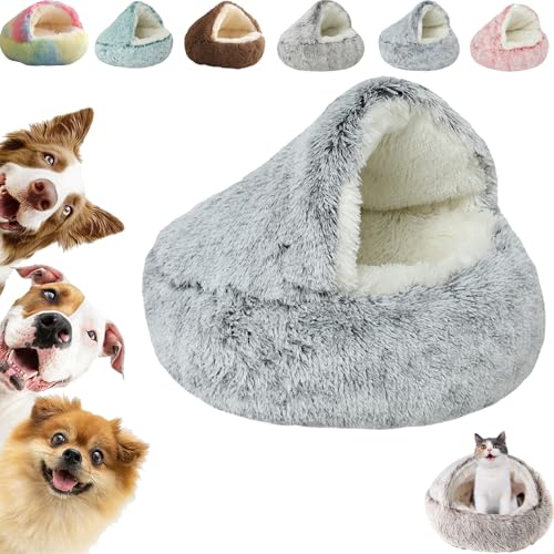 Kuschelhöhle Hund, überdachtes Katzenbett, Flauschiges, beruhigendes Innenbett für Katzen und Hunde (Grau, 40 cm/15,74 Zoll) von Hondeka