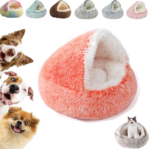 Kuschelhöhle Hund, überdachtes Katzenbett, Flauschiges, beruhigendes Innenbett für Katzen und Hunde (Orange, 50 cm/19,68 Zoll) von Hondeka