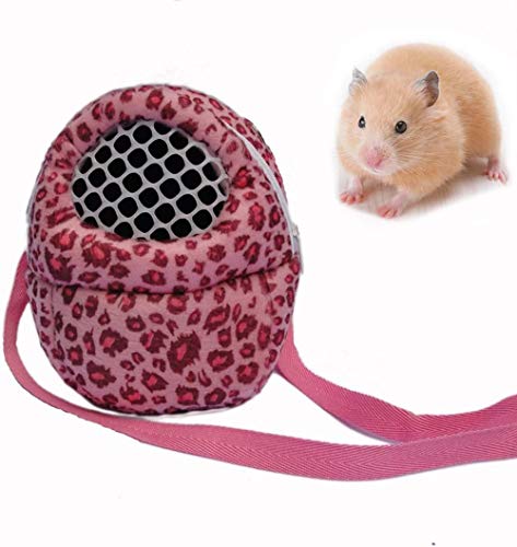 Hamster-Tragetasche, kleine Tiere, ausgehende Tragetasche mit Schultergurt, tragbarer Reise-Handtasche Rucksack für Igel, Hamster, Mäuse, Ratten, Zuckergleiter, Kaninchen (L, rosa Leopard) von HongGun