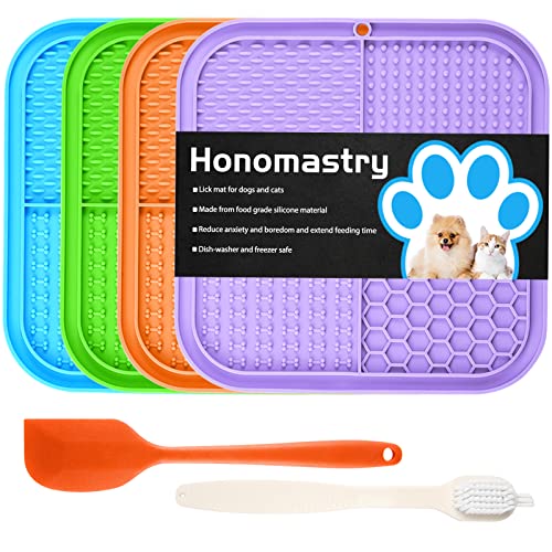 Hunde Leckmatte Slow Feeder für Hunde, Premium Leckpad mit Saugnäpfen für Hunde Angstlinderung, Slow Feeder Hundenäpfe, Baden, Fellpflege und Training, 4 Pack (Grün, Blau, Orange und Lila) von Honomastry