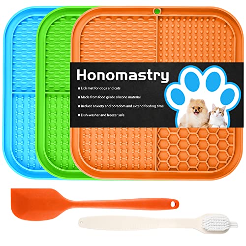 Leckmatte Slow Feeder für Hunde, Premium Lick Pad mit Saugnäpfen für Hund Angstlinderung, Slow Feeder Hundenäpfe, Baden, Pflegen und Training, 3er-Pack (Grün, Blau und Orange) von Honomastry