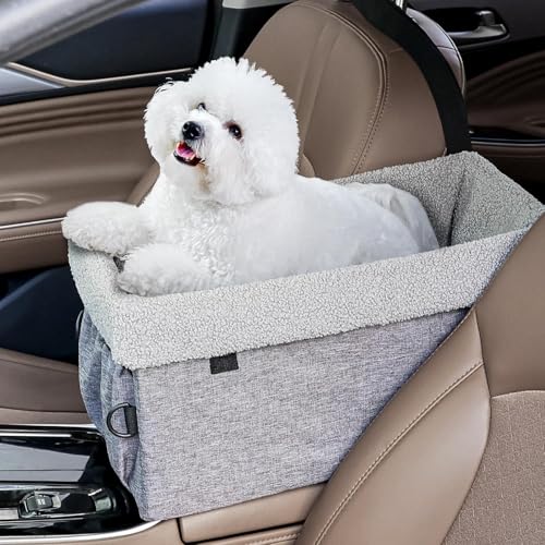 Hoofun Hunde-Autositz für kleine Hunde, abnehmbarer, waschbarer Hundesitz unter 6,8 kg, weicher Plüsch, extra stabil, Haustier-Autositz, Reisebett mit Metallrahmen, Aufbewahrungstaschen und von Hoofun