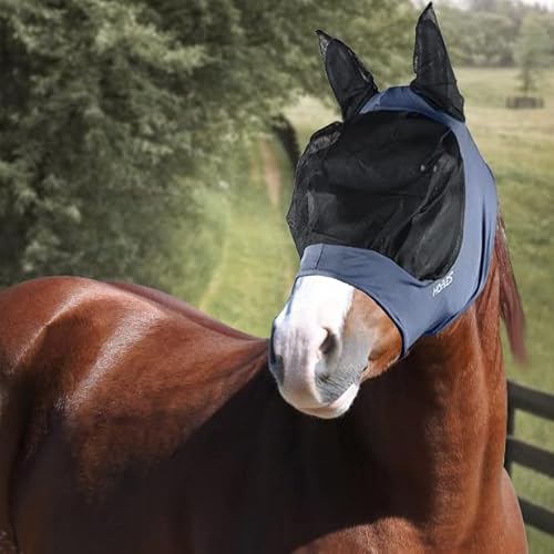 Horses, Fliegenmaske aus Lycra mit Langen Netz Einsatz, Leichte und atmungsaktive Fliegenmaske, behindert Nicht das Sichtfeld des Pferdes, Augen- und Gehörschutz (Cob, Blau) von Horses