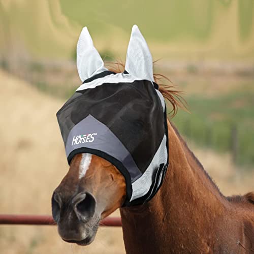 Horses, Fliegenohren Maske Fly Shield, Leichte und Atmungsaktive Fliegenmaske, Behindert Nicht das Sichtfeld des Pferdes, Augen und Gehörschutz (M, GRAU/SCHWARZ) von Horses