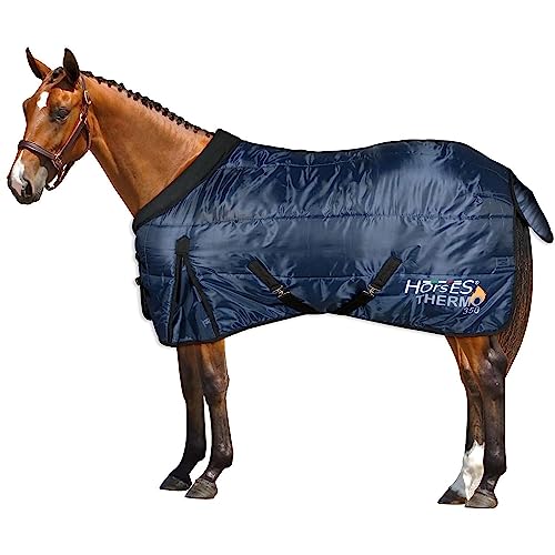 Horses, Winterdecke Für Pferde Thermo 350 gr, Ideal für Box, mit Rundhalsausschnitt und Quetschsicherem Schweifbezug, Weich, Bequem mit Frontschlitz, Erhältlich in Blau (128 cm) von Horses