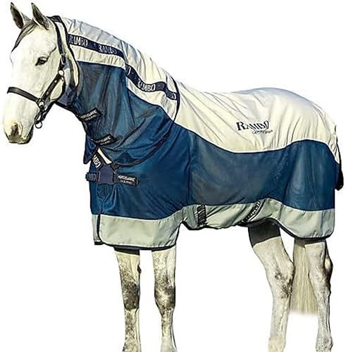 Horseware Rambo Summer Series 0g - Navy/Grey: Sommerdecke für Pferde, atmungsaktiv, wasserdicht im Rücken, 100g Unterbett, abnehmbarer Halsteil, 125cm, Navy/Grey von Horseware