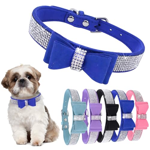 Fliege Strass Hundehalsband Verstellbar Niedlich Funkelnde Kristall Diamant Katzenhalsband für Kleine Mittlere Hunde Jungen Mädchen Blau L von Hotlion