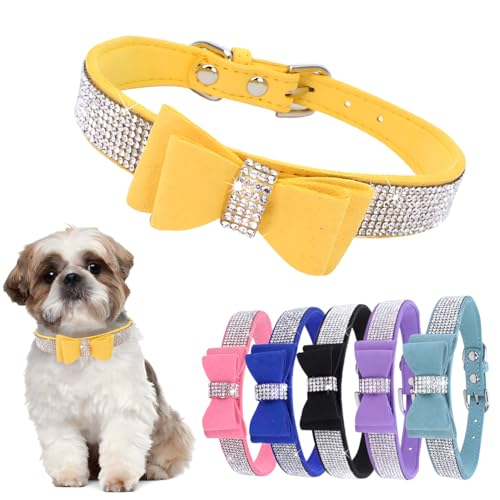 Fliege Strass Hundehalsband Verstellbar Niedlich Funkelnde Kristall Diamant Katzenhalsband für Kleine Mittlere Hunde Jungen Mädchen Gelb XXL von Hotlion