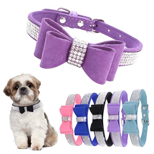 Hundehalsband mit Schleife, mit Strasssteinen, verstellbar, für Mädchen, niedlich, funkelnd, Kristall, Diamanten, Welpenhalsband für kleine, mittelgroße und große Hunde, Hellviolett, Größe M von Hotlion