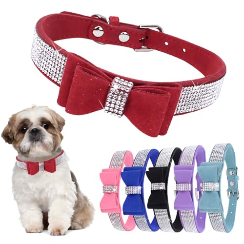 Fliege Strass Hundehalsband Verstellbar Niedlich Funkelnde Kristall Diamant Katzenhalsband für Kleine Mittlere Hunde Jungen Mädchen Rot S von Hotlion