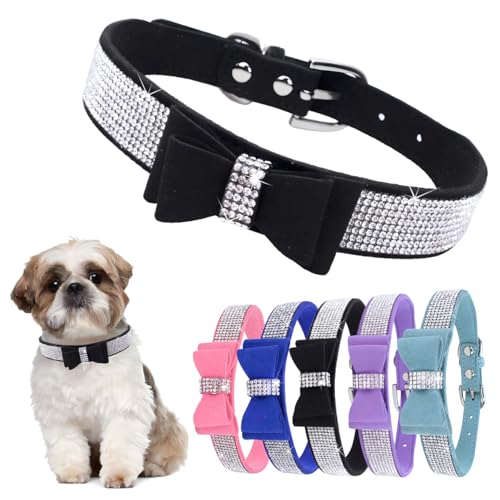 Hundehalsband mit Schleife, mit Strasssteinen, verstellbar, für Mädchen, niedlich, funkelnd, Kristall, Diamanten, Welpenhalsband für kleine, mittelgroße und große Hunde, Schwarz, Größe M von Hotlion