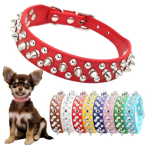 Hotlion Hundehalsband, verstellbar, PU-Leder, Nieten, Katzen, Hundehalsbänder für Welpen, Kätzchen, Tiere, kleine, mittelgroße und große Haustiere, Rot, M von Hotlion