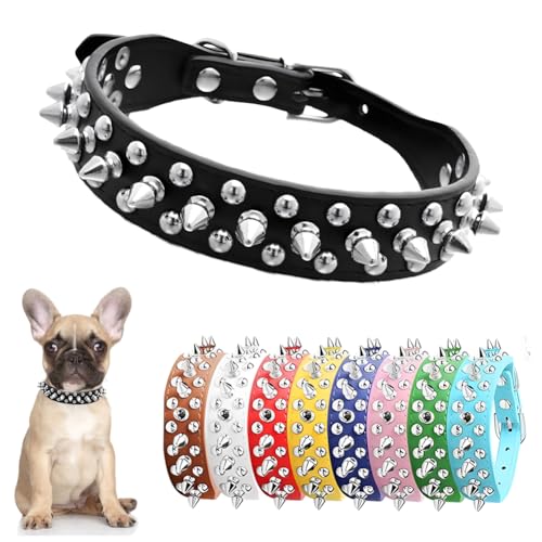 Hundehalsband mit Stacheln, weiches PU-Leder, Spike-Welpenhalsband, Anti-Biss, Nieten, Katzenhalsband für Kätzchen, kleine, mittelgroße Haustiere wie Chihuahua, Mops, Pit, Bulldogge, Schwarz, M von Hotlion