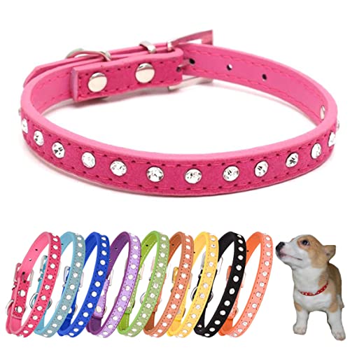 Hotlion Hundehalsband mit Strasssteinen, niedliches Kristall-Diamant-Katzenhalsband, weiches Wildleder, Kätzchen-Welpenhalsband für kleine, mittelgroße Haustiere, Rosenrot, XXS von Hotlion