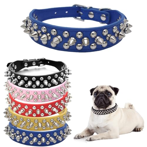 Hundehalsband, Nieten, Leder, Nieten, Welpenhalsband, Spike, verstellbar, für kleine, mittelgroße und große Hunde, Blau, XS von Hotlion