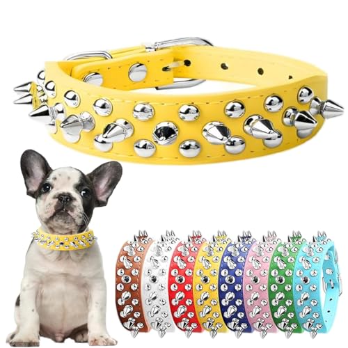 Hundehalsband, Nieten, Leder, Nieten, Welpenhalsband, Spike, verstellbar, für kleine, mittelgroße und große Hunde, Gelb, XL von Hotlion