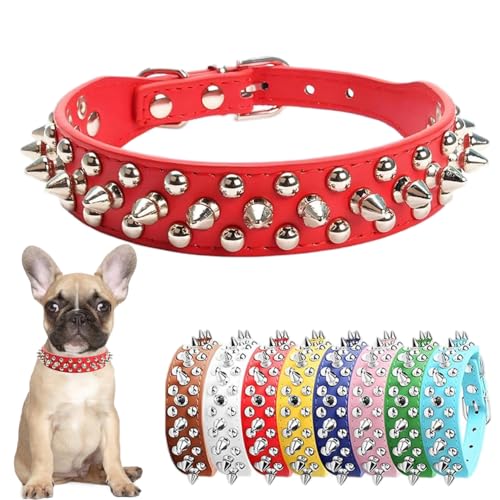 Hundehalsband, Nackenband, Leder, Punk-Nieten, Welpenhalsband, Nieten, langlebig, verstellbar, für kleine, mittelgroße und große Hunde, Rot, XS von Hotlion