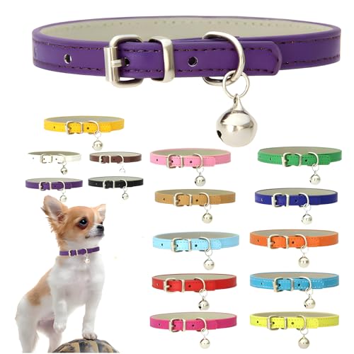 Hundehalsband mit Glöckchen für Welpen, weiches PU-Leder, XS, Kätzchenhalsband mit Glöckchen, verstellbar, für Jungen und Mädchen, Katzenhalsbänder für XXS, XXS, XS, kleine und kleine Rassen, Violett von Hotlion