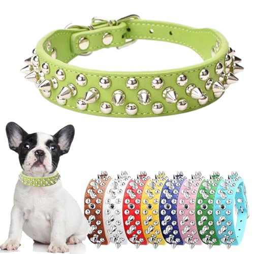 Hundehalsband mit Stacheln für kleine Hunde, grün, mit Nieten, PU-Leder, Pilze, Nieten, Welpen, Halsbänder für XXS, XS, kleine, mittelgroße und große Hunde und Katzen, Größe S von Hotlion