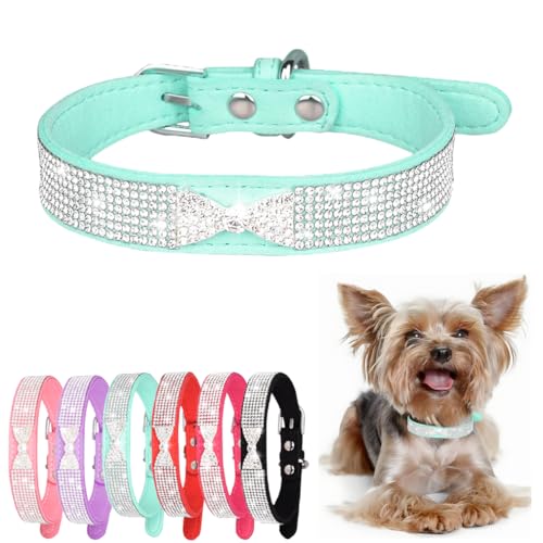 Hundehalsband mit Strasssteinen, Schleife, Katzenhalsband, verstellbar, für kleine, mittelgroße und große Haustiere, Kätzchen und Welpen, Blau, Größe L von Hotlion