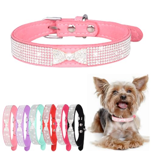 Hundehalsband mit Strasssteinen, mit Fliege, verstellbar, für kleine, mittelgroße und große Haustiere, Kätzchen und Welpen, Hot Pink von Hotlion