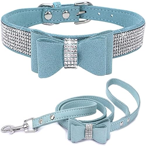 Hundehalsband und Leine, Set mit Fliege, Strasssteine, verstellbar, niedlich, funkelnd, Kristalldiamant, Katzenhalsbänder für kleine mittelgroße Hunde, Jungen, Mädchen, Hellblau, XL von Hotlion