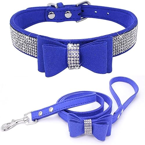 Hundehalsband und Leine, Set mit Fliege, Strasssteine, verstellbar, niedlich, funkelnde Kristalldiamant-Katzenhalsbänder für kleine mittelgroße Hunde, Jungen, Mädchen, Hellblau, XL von Hotlion