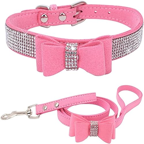 Hundehalsband und Leine, Set mit Fliege, glitzernd, rosa, verstellbar, für Mädchen, weiblich, niedlich, funkelnde Kristalle, Diamanten, Welpenhalsbänder für kleine, mittelgroße und große Hunde, von Hotlion