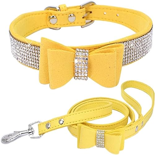 Hundehalsband und Leine, Set mit Fliege, Strasssteine, verstellbar, niedlich, funkelnde Kristalldiamant-Katzenhalsbänder für kleine mittelgroße Hunde, Jungen und Mädchen, Hellgelb, Größe S von Hotlion