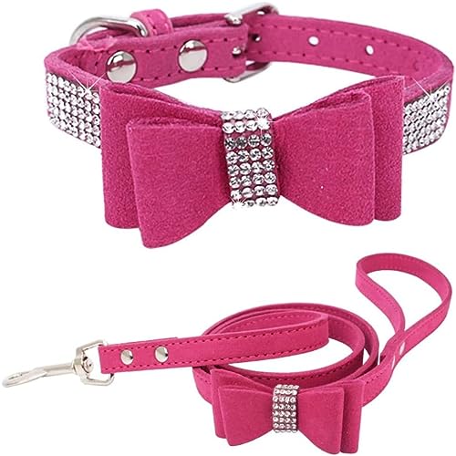 Hundehalsband und Leine, Set mit Fliege, glitzernd, rosa, verstellbar, für Mädchen, Damen, niedlich, funkelnde Kristalle, Diamanten, Welpenhalsbänder für kleine, mittelgroße und große Hunde, von Hotlion