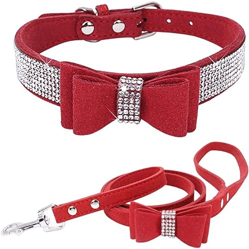 Hundehalsband und Leine, Set mit Fliege, Strasssteine, verstellbar, niedlich, funkelnde Kristalldiamant-Katzenhalsbänder für kleine mittelgroße Hunde, Jungen und Mädchen, Hellrot, Größe M von Hotlion