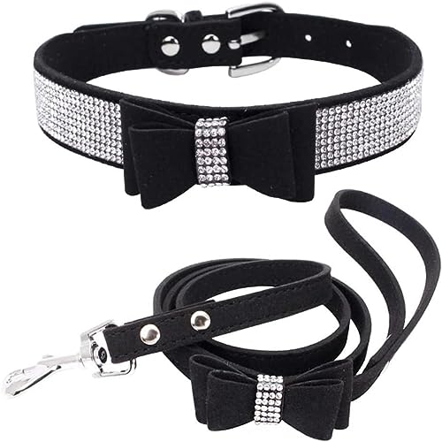 Hundehalsband und Leine, Set mit Fliege, Strasssteine, verstellbar, niedlich, funkelnde Kristalldiamant-Katzenhalsbänder für kleine mittelgroße Hunde, Jungen und Mädchen, Hellschwarz, Größe S von Hotlion