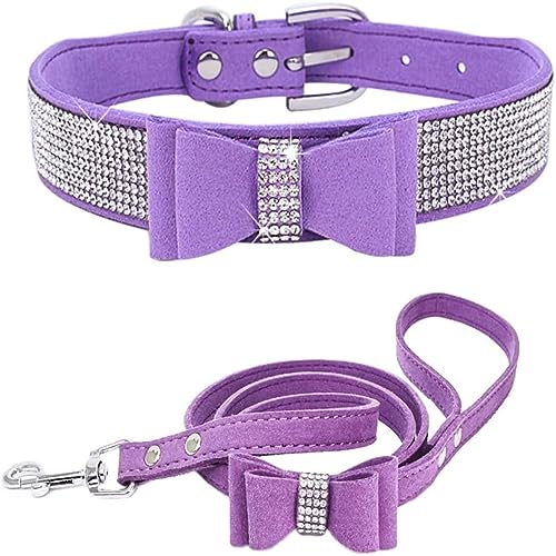 Hundehalsband und Leine, Set mit Fliege, glitzernd, rosa, verstellbar, für Mädchen, weiblich, niedlich, funkelnde Kristalle, Diamanten, Welpenhalsbänder für kleine, mittelgroße und große Hunde, von Hotlion