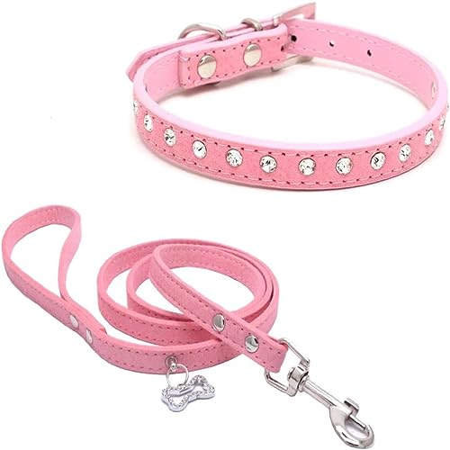 Hundehalsband und Leine, Set mit Strasssteinen, niedliches Kristalldiamant-Katzenhalsband, weiches Leder, verstellbar, für kleine und mittelgroße Hunde, Rosa, Größe S von Hotlion