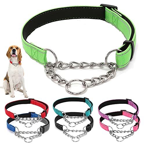 Martingale Hundehalsband, reflektierend, Nylon, mit Edelstahlkette, breit, 2,5 cm, Welpenhalsbänder, weich gepolstert, verstellbar, für Haustiere, Grün, Größe M von Hotlion